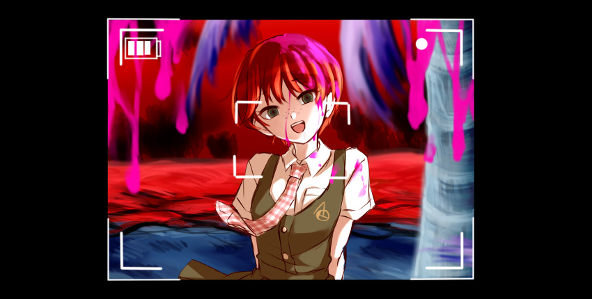 1girl absurdres arms_behind_back bangs black_background blood blood_in_hair blood_on_clothes blood_on_face blue_background breast_pocket collared_shirt commentary_request danganronpa_(series) danganronpa_2:_goodbye_despair dress eyebrows_visible_through_hair freckles green_dress green_eyes highres koizumi_mahiru necktie palm_tree pink_blood plaid_necktie pocket red_background redhead shan_ji_jing_wu_(sngktry) shirt short_hair short_sleeves solo taking_picture teeth tree upper_teeth