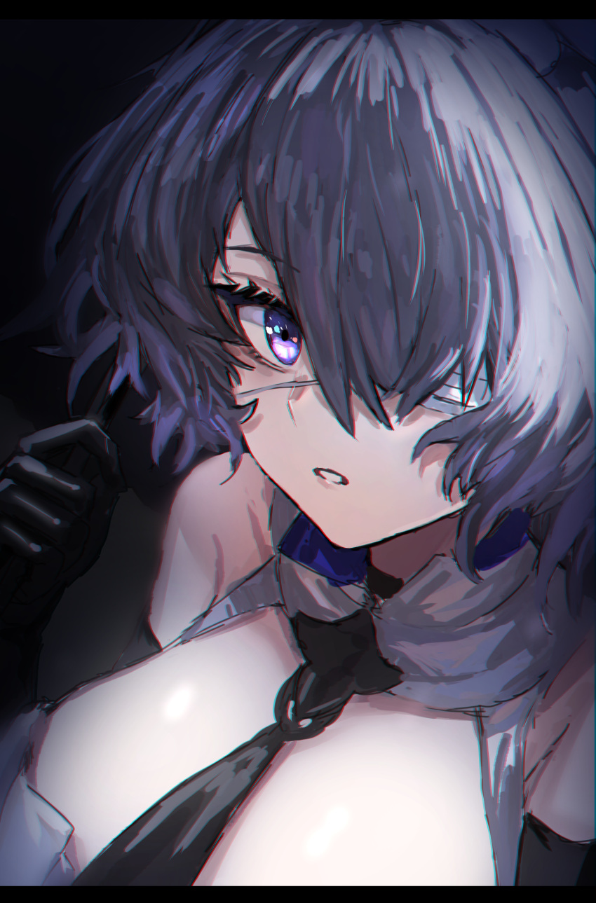 1girl arknights bare_shoulders black_gloves black_necktie breasts elbow_gloves eyebrows_visible_through_hair eyepatch from_above gloves hair_over_one_eye highres large_breasts letterboxed looking_at_viewer looking_up medical_eyepatch necktie one_eye_covered parted_lips purple_hair raw_egg_lent short_hair solo upper_body violet_eyes whisperain_(arknights)