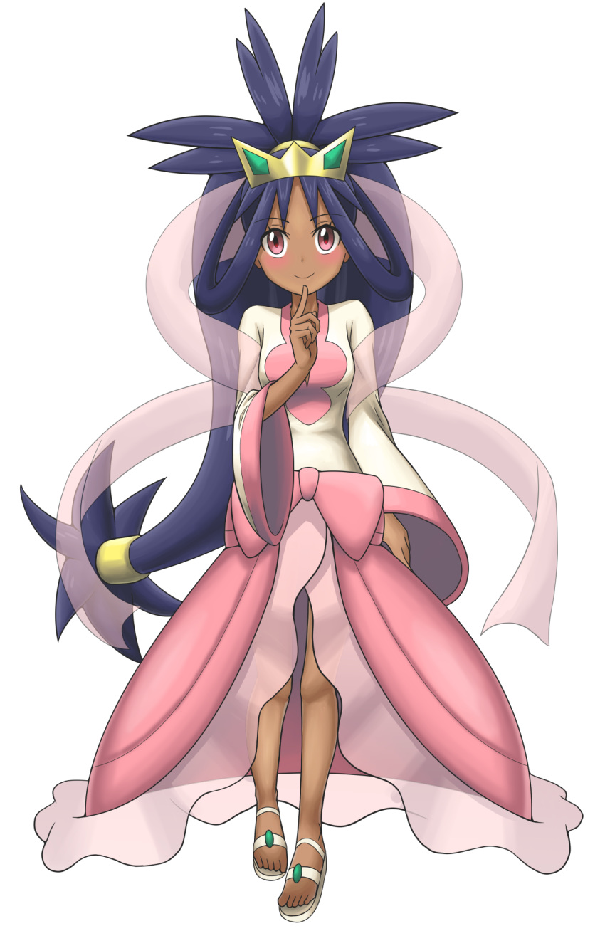 1girl big_hair blue_hair blush dark_skin dress els_(ljhlee12) highres iris_(pokemon) long_hair pink_dress pink_eyes pokemon pokemon_(game) pokemon_bw2 sandals simple_background solo very_long_hair white_background