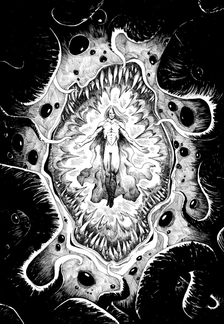 1boy alien artist_request beard bodysuit cape closed_mouth eldritch_abomination extra_eyes facial_hair floating floating_hair full_body giant giant_monster greyscale half-closed_eyes highres horror_(theme) legs_together medium_hair monochrome monster outstretched_arms parahumans scion_(parahumans) serious sharp_teeth short_sleeves source_request spoilers spread_arms superhero teeth tentacles toned toned_male traditional_media wide_shot