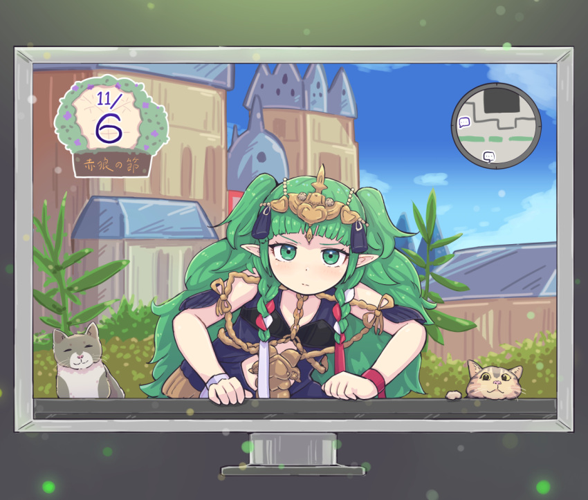 1girl braid calendar_(object) castle cat fire_emblem fire_emblem:_three_houses green_eyes green_hair jewelry kutabireta_neko long_hair minimap pointy_ears screen sothis_(fire_emblem) through_screen twin_braids very_long_hair