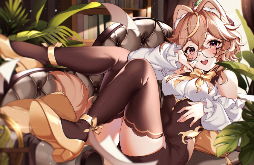1girl animal_ears blush breasts brown_eyes brown_hair brown_legwear brown_skirt cat_ears cat_girl couch covered_navel detached_sleeves gold_footwear high-waist_skirt high_heels highres indie_virtual_youtuber kiyochii looking_at_viewer lying medium_breasts on_couch open_mouth pencil_skirt skirt smile solo sylliah symbol-only_commentary thigh-highs virtual_youtuber