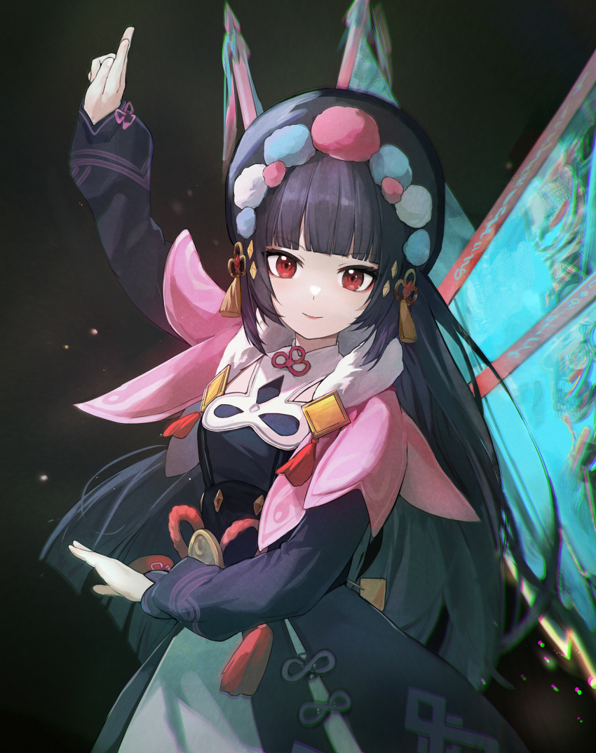 1girl bangs black_corset black_dress black_hair blunt_bangs capelet commentary_request corset dress eyeshadow flag fur_collar genshin_impact hands_up highres hime_cut lipgloss long_hair long_sleeves looking_at_viewer makeup pink_capelet red_eyes siyumu solo upper_body yunjin_(genshin_impact)