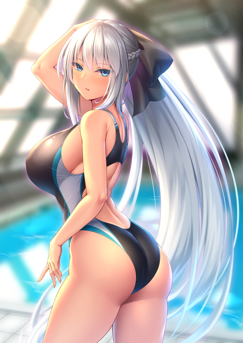 1girl ass back back_cutout blue_eyes blurry blurry_background bow braid breasts clothing_cutout competition_swimsuit cowboy_shot crown_braid eyebrows_visible_through_hair eyelashes eyelashes_visible_through_hair fate/grand_order fate_(series) female_ass from_side hair_bow highres large_breasts long_hair looking_at_viewer morgan_le_fay_(fate) one-piece_swimsuit parted_lips ponytail pool poolside sideboob sidelocks solo swimsuit thighs very_long_hair white_hair zuizhong