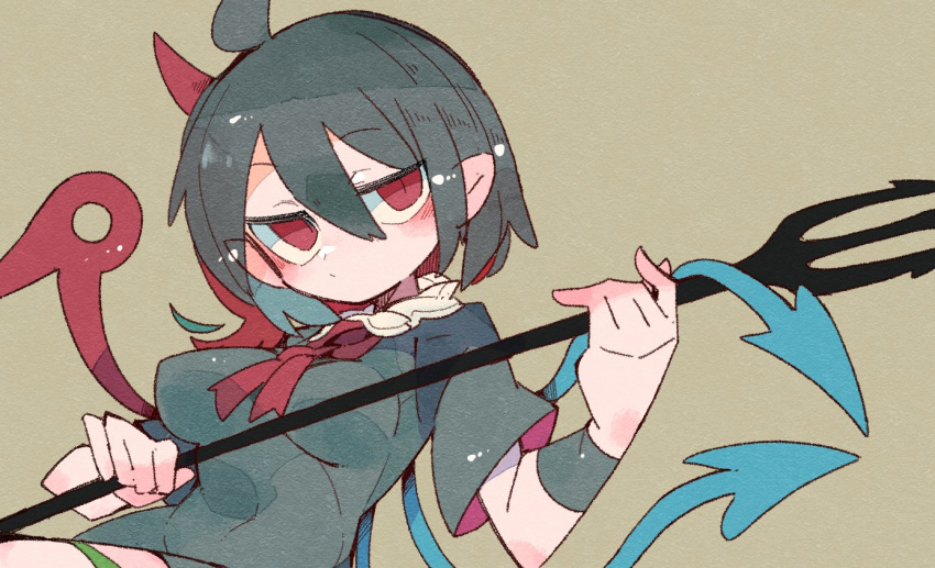 1girl ahoge asymmetrical_wings bangs black_hair blue_wings breasts brown_background closed_mouth eyebrows_visible_through_hair holding holding_polearm holding_weapon houjuu_nue looking_at_viewer massakasama medium_breasts pointy_ears polearm red_eyes red_wings short_hair short_sleeves solo touhou trident upper_body weapon wings wristband