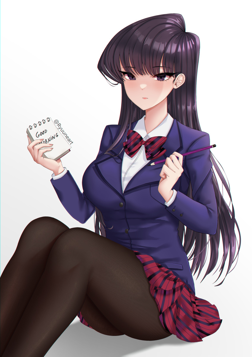 1girl absurdres artist_name bangs black_eyes black_hair black_legwear bow bowtie breasts closed_mouth english_text eyebrows_visible_through_hair highres holding holding_notepad holding_pencil komi-san_wa_komyushou_desu komi_shouko large_breasts legs long_hair looking_at_viewer notepad pantyhose pencil pleated_skirt ryuuneart school_uniform shiny shiny_hair simple_background sitting skirt solo straight_hair striped striped_bow striped_bowtie striped_skirt white_background writing