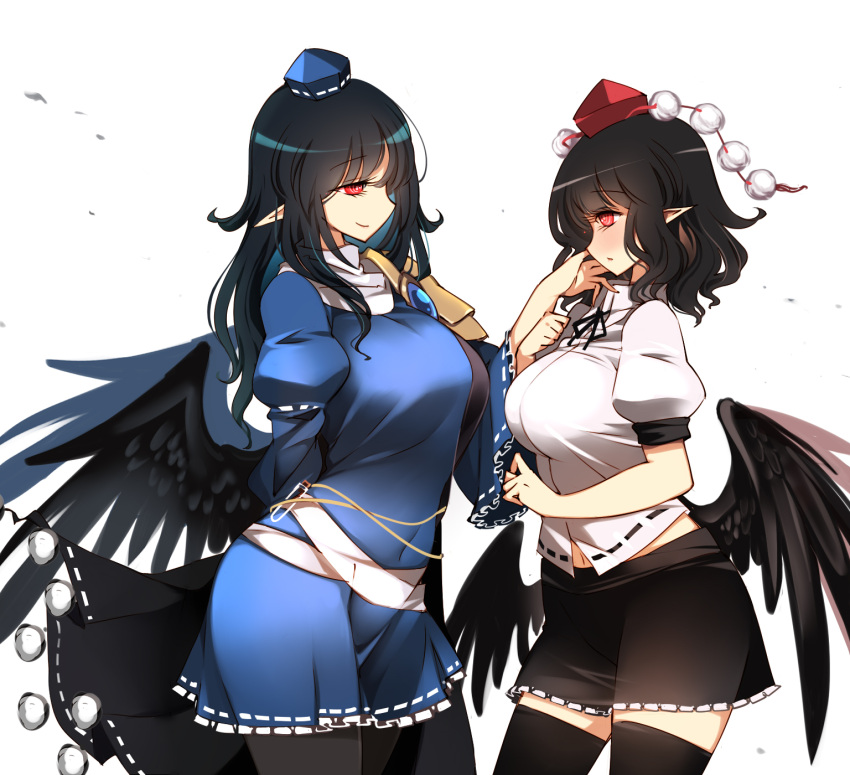 2girls bird_wings black_hair black_legwear black_ribbon black_skirt black_wings blue_dress blue_hair breasts collared_shirt dress frilled_dress frilled_skirt frills gem hat highres iizunamaru_megumu kneehighs large_breasts long_hair multiple_girls pointy_ears pom_pom_(clothes) raptor7 red_eyes ribbon ribbon_trim shameimaru_aya shirt shoulder_guard simple_background skirt sleeveless_coat tokin_hat touhou white_background white_shirt wings