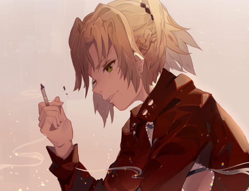 1girl bandeau bangs blonde_hair braid breasts eyebrows_visible_through_hair fate/apocrypha fate_(series) french_braid green_eyes hair_ornament hair_scrunchie highres jacket jewelry looking_at_viewer medium_hair mordred_(fate) mordred_(fate/apocrypha) necklace ponytail red_jacket red_scrunchie same_(sendai623) scrunchie simple_background small_breasts smile solo upper_body