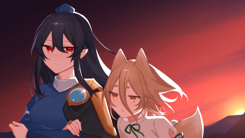 2girls :/ :o animal_ears armor bangs bird_wings blonde_hair breasts commentary_request crossed_arms dark_blue_hair dress evening eyelashes feathered_wings fox_ears fox_girl fox_tail gem hair_between_eyes hat high_collar holding_another's_arm iizunamaru_megumu kudamaki_tsukasa large_breasts long_hair looking_at_viewer looking_to_the_side multiple_girls nemachi pauldrons pointy_ears puffy_short_sleeves puffy_sleeves red_eyes romper short_hair short_sleeves shoulder_armor sidelocks single_pauldron slit_pupils sunset tail thick_eyebrows tokin_hat touhou unconnected_marketeers upper_body white_dress wings writing yellow_eyes