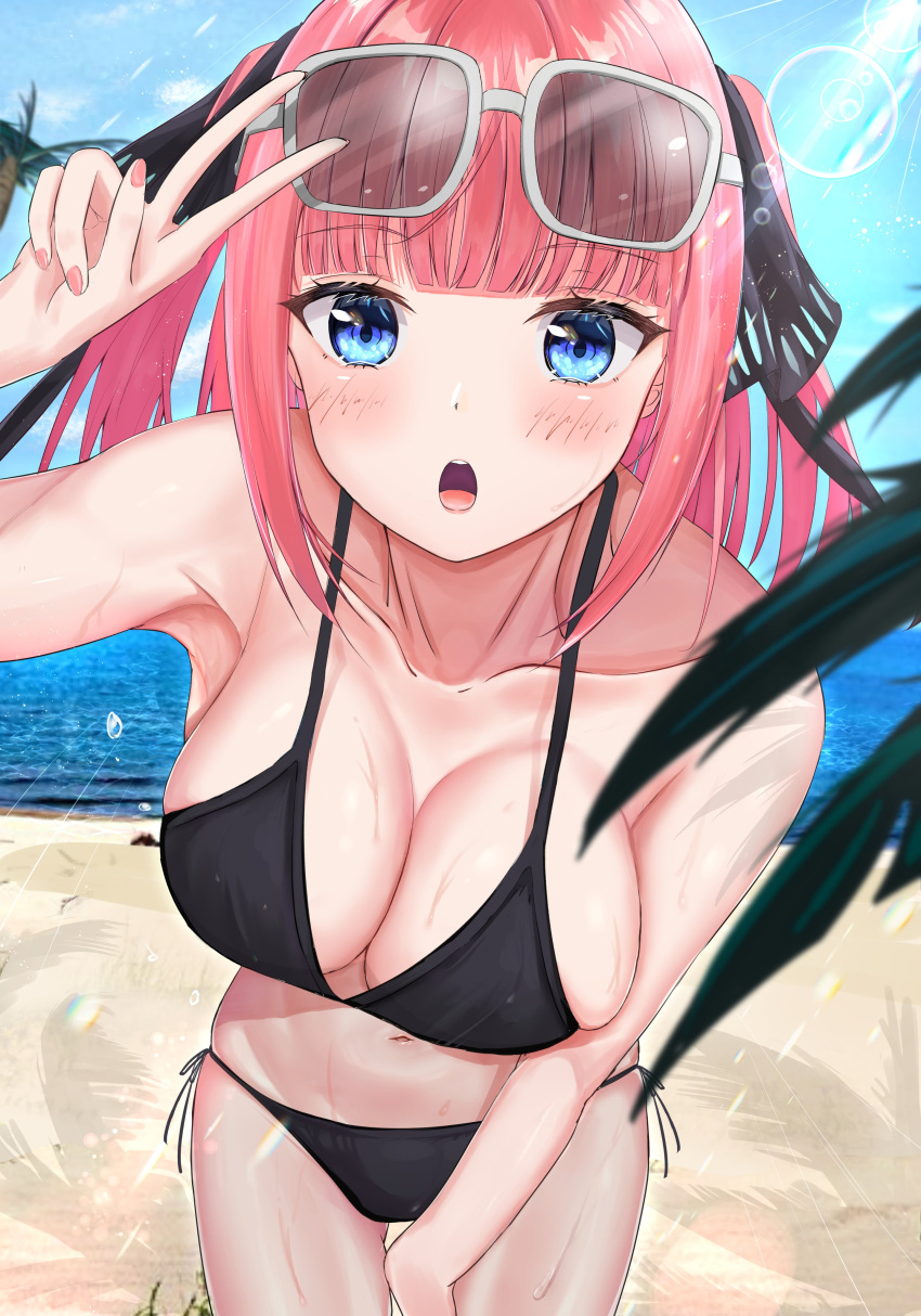 1girl :o absurdres armpits bangs beach bikini black_bikini blue_eyes blush breasts butterfly_hair_ornament collarbone cowboy_shot day eyebrows_visible_through_hair eyewear_on_head go-toubun_no_hanayome hair_ornament hand_up highres large_breasts lens_flare looking_at_viewer nail_polish nakano_nino palm_tree pink_hair rain_sunny solo sun sunglasses sunlight swimsuit tree v water wet