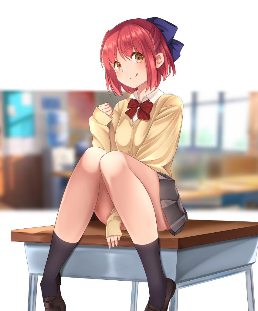 1girl absurdres black_legwear blue_bow bow bowtie cardigan collared_shirt desk grey_skirt hair_bow highres kohaku_(tsukihime) loafers long_sleeves miniskirt on_desk pink_hair pleated_skirt red_bow red_bowtie school_desk school_uniform shirt shoes short_hair sitting sitting_on_desk skirt smile socks solo stting tsukihime white_shirt yellow_cardigan yellow_eyes zero0ex