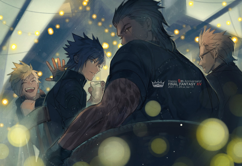 4boys anniversary arm_tattoo black_clothes black_hair blonde_hair brown_hair closed_eyes copyright_name cup final_fantasy final_fantasy_xv fingerless_gloves gladiolus_amicitia glasses gloves ignis_scientia jacket lantern looking_at_viewer looking_back multiple_boys noctis_lucis_caelum open_mouth p-nekor prompto_argentum smile spiky_hair tattoo