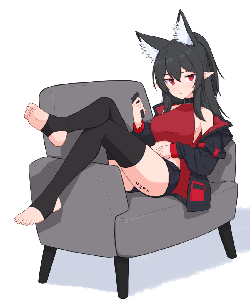 1girl animal_ear_fluff animal_ears artist_request ass bare_shoulders black_choker black_hair black_jacket black_legwear black_shorts breasts chair choker closed_mouth collarbone commission crop_top extra_ears feet frown hand_on_own_stomach highres holding jacket leg_up long_hair long_sleeves looking_at_viewer lying medium_breasts midriff no_shoes off_shoulder on_back open_clothes open_jacket original pointy_ears ponytail reclining red_eyes red_shirt revealing_clothes second-party_source shirt short_shorts shorts sidelocks sleeveless sleeveless_shirt sleeveless_turtleneck solo stirrup_legwear thigh-highs thighs toeless_legwear toeless_socks turtleneck wolf_ears