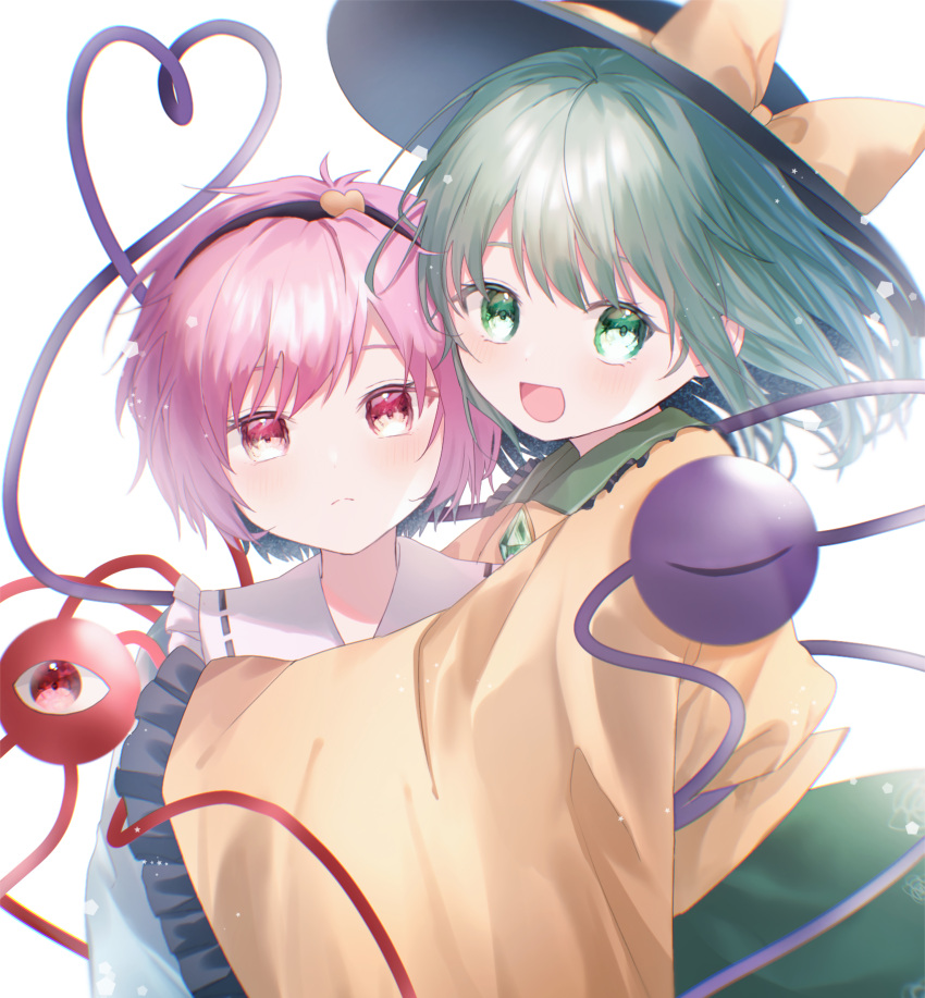 2girls :d absurdres bangs black_hairband black_headwear blouse blue_blouse commentary diamond_shaped_buttons dot_nose frilled_shirt_collar frilled_sleeves frills from_side frown furawast green_eyes green_hair green_skirt hair_ornament hairband hat hat_ribbon heads_together heart heart_hair_ornament heart_of_string highres hug komeiji_koishi komeiji_satori long_sleeves looking_at_viewer multiple_girls open_mouth pink_eyes pink_hair red_eyes ribbon short_hair siblings simple_background sisters skirt smile third_eye touhou white_background wide_sleeves yellow_blouse yellow_ribbon