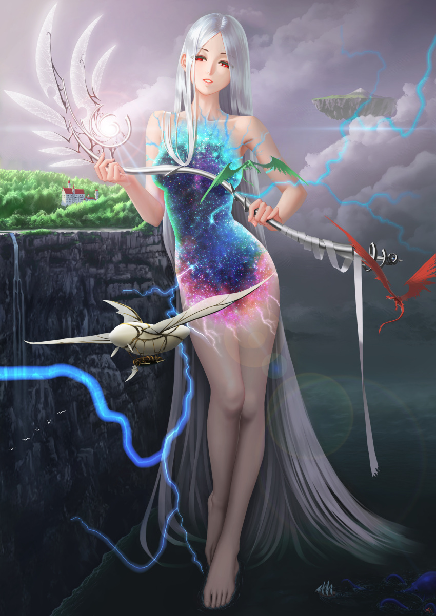 1girl absurdres aircraft albino barefoot bird cliff clouds cloudy_sky collarbone completely_nude darkmuleth dirigible dragon electricity fantasy floating_island flock full_body giant giantess glint goddess hair_flowing_over half-closed_eyes highres holding holding_scythe house leaning_to_the_side lightning long_hair looking_at_viewer nude ocean octopus original outdoors parted_lips red_eyes science_fiction scythe ship shore sky solo space standing standing_on_one_leg star_(sky) straight_hair very_long_hair water watercraft waterfall white_hair wings