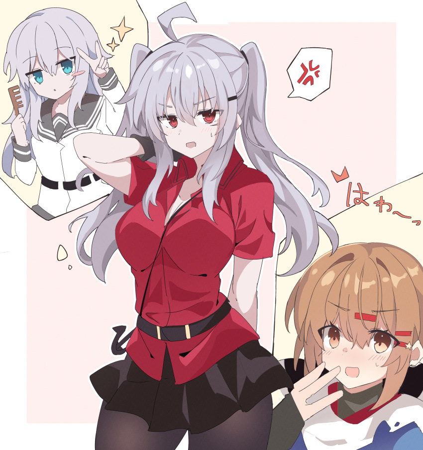 2girls absurdres ahoge alternate_hairstyle anger_vein black_bow black_legwear black_sailor_collar black_skirt blue_eyes blue_shawl blush border bow brown_eyes brown_hair collared_shirt eyebrows_visible_through_hair fathom gangut_(kancolle) grey_hair hair_between_eyes hair_bow hair_ornament hairclip hibiki_(kancolle) highres imagining kantai_collection long_hair long_sleeves multiple_girls open_mouth orange_eyes pantyhose pleated_skirt red_shirt sailor_collar sailor_shirt scar scar_on_face scarf shawl shirt short_sleeves silver_hair skirt sparkle spoken_anger_vein tashkent_(kancolle) torn_clothes torn_scarf two_side_up v verniy_(kancolle) white_border white_scarf white_shirt