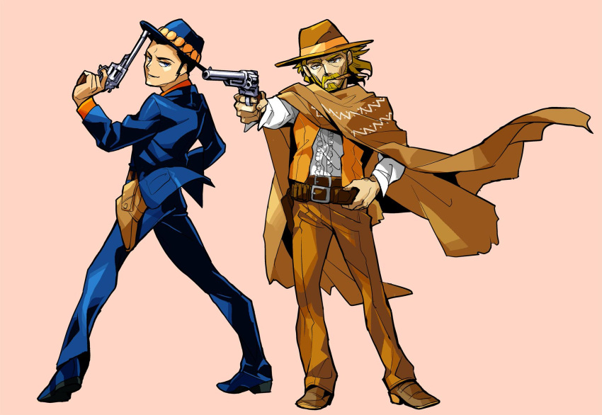 2boys beard belt black_hair blue_headwear blue_pants blue_suit brown_footwear brown_hair brown_headwear brown_pants cape cigar cowboy cowboy_western facial_hair gun hat highres holding holding_gun holding_weapon holster live_a_live mad_dog_(live_a_live) male_focus mouth_hold multiple_boys orange_vest pants pink_background pose revolver shoes sideburns sundown_kid vest weapon yuntalal