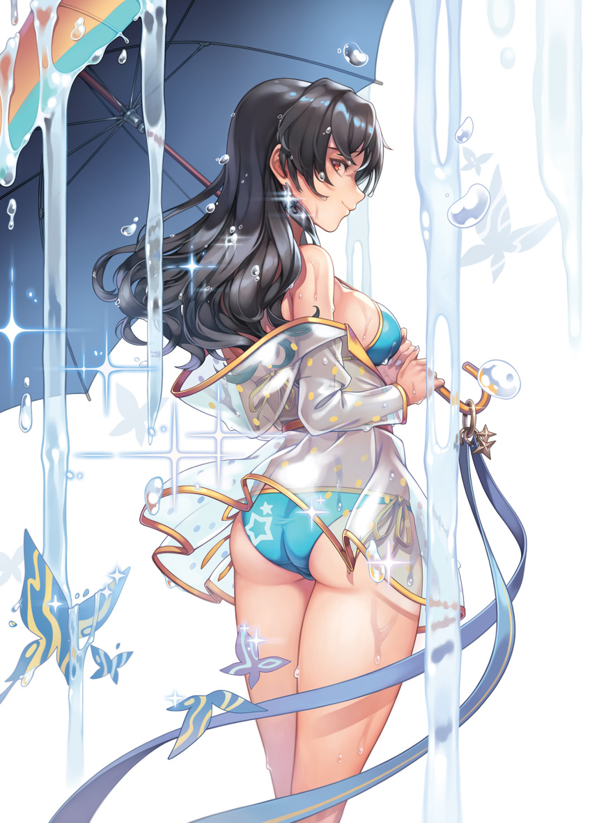 1girl aqua_bikini ass bikini black_hair breasts bug butterfly closed_mouth cowboy_shot from_behind highres holding holding_umbrella idolmaster idolmaster_million_live! idolmaster_million_live!_theater_days large_breasts long_hair looking_back machi_(machi333) profile raincoat red_eyes see-through smile solo sparkle swimsuit takayama_sayoko umbrella water