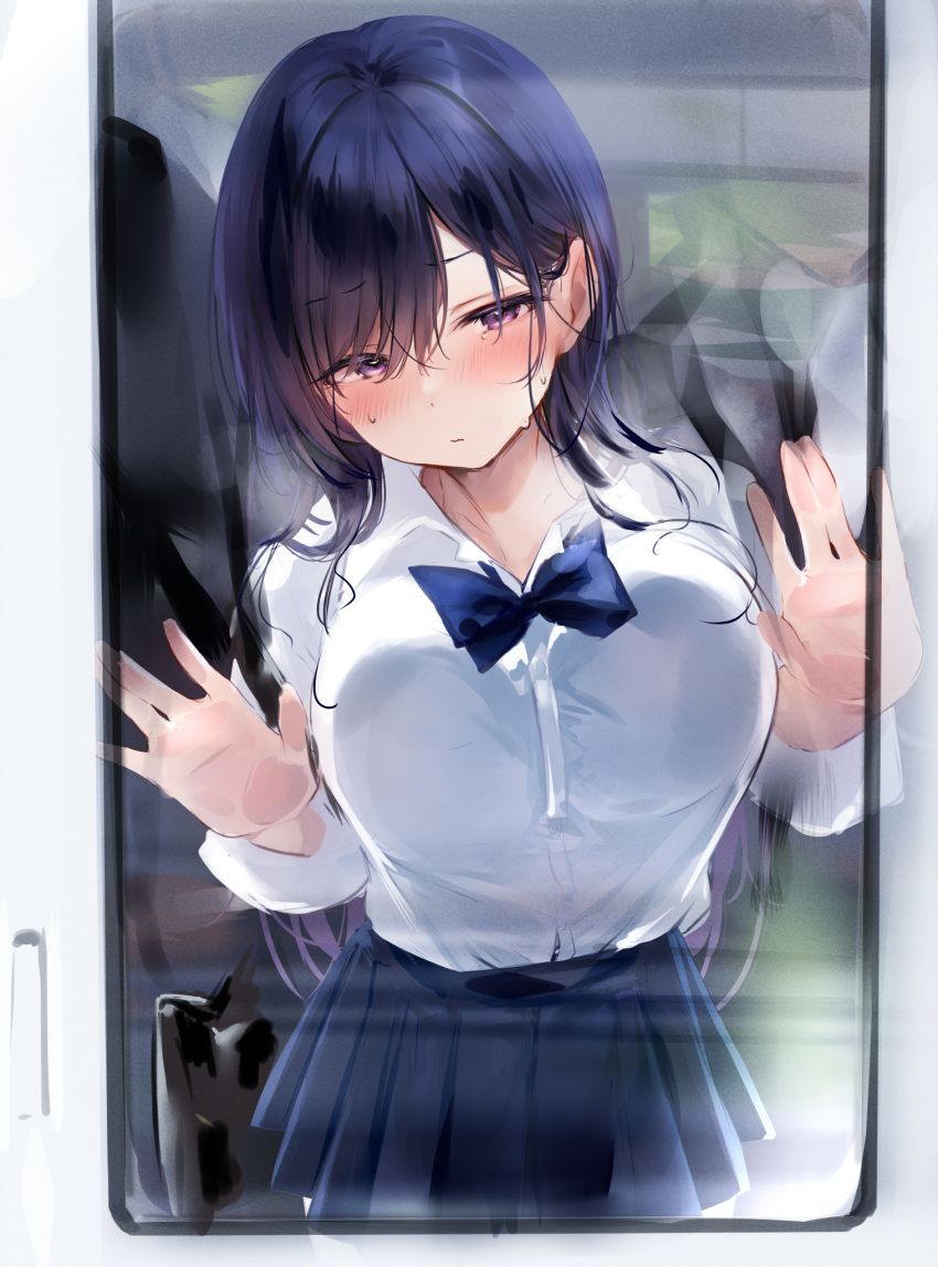 1girl against_glass bag bangs black_hair blue_neckwear blue_skirt blush breast_press breasts closed_mouth collared_shirt commentary_request eyebrows_visible_through_hair hair_between_eyes highres large_breasts long_hair nekomugiharu original pleated_skirt reflection school_bag school_uniform shirt shirt_tucked_in skirt solo_focus train_interior violet_eyes white_shirt