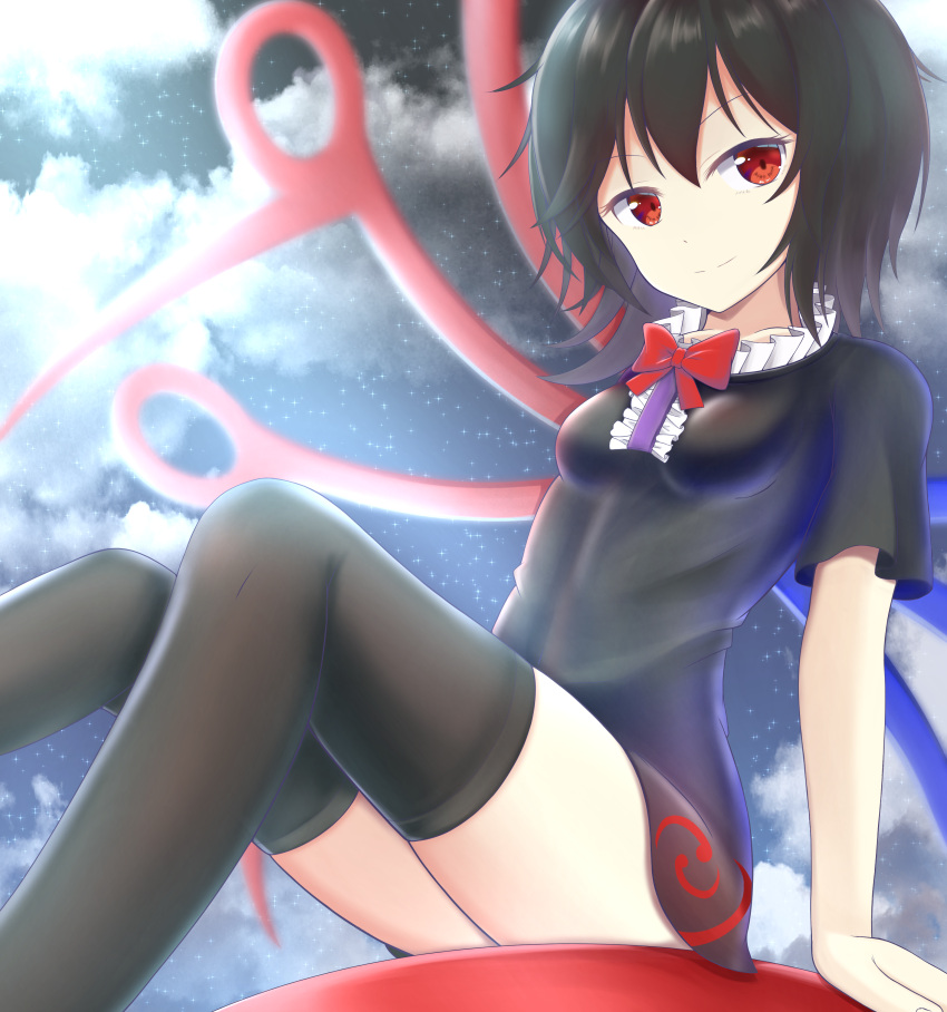 1girl absurdres asymmetrical_wings black_dress black_hair black_legwear blue_wings bow bowtie center_frills clouds cloudy_sky commentary_request dress eyelashes frilled_dress frills highres houjuu_nue looking_at_viewer outdoors red_eyes red_neckwear red_wings short_dress short_hair short_sleeves simple_background sky smile str11x thigh-highs thighs touhou wings