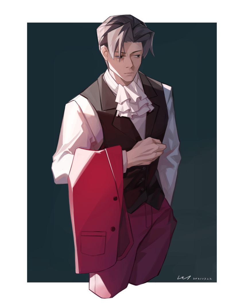 1boy absurdres ace_attorney ascot bangs coat hand_in_pocket highres holding holding_clothes holding_coat long_sleeves male_focus miles_edgeworth parted_bangs shading solo vest wt2575