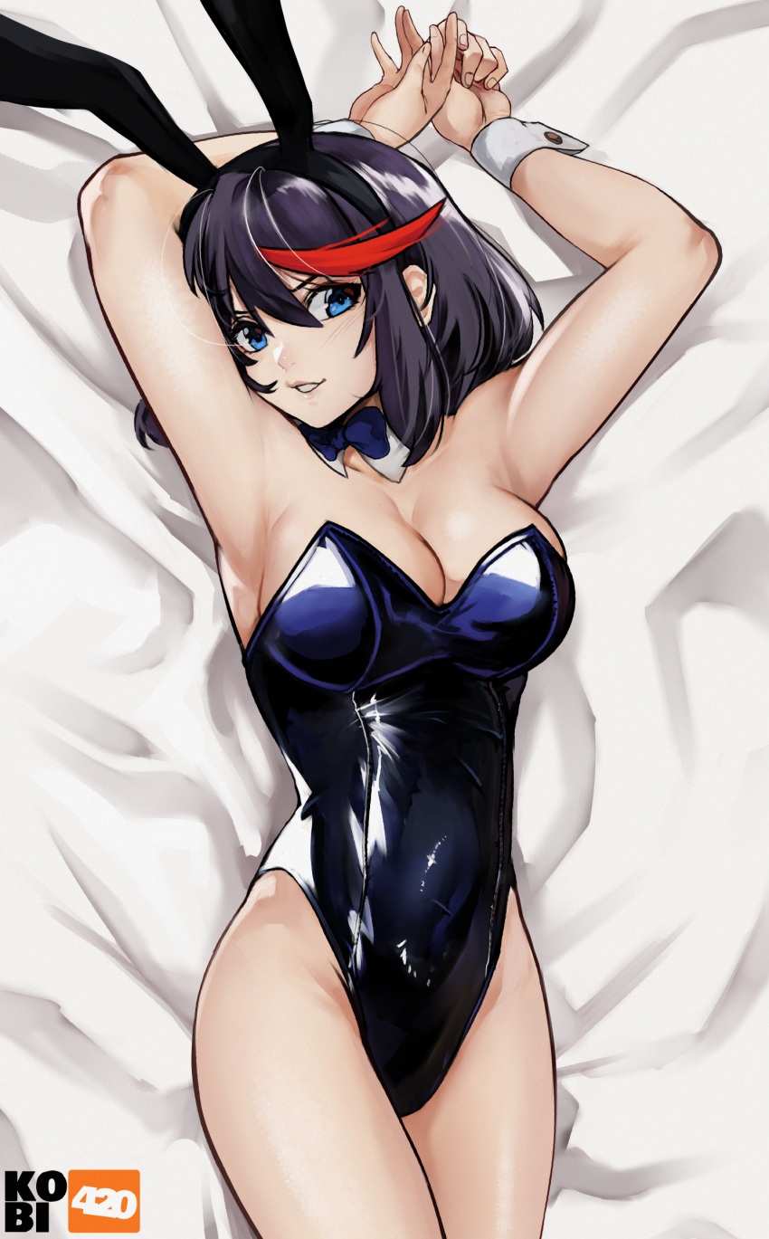 1girl animal_ears arms_up artist_name bare_legs black_hair black_leotard blue_eyes bow bowtie commentary detached_collar english_commentary fake_animal_ears highres kill_la_kill kobi420 leotard looking_at_viewer lying matoi_ryuuko multicolored_hair on_back parted_lips playboy_bunny redhead revision shiny shiny_clothes short_hair solo strapless strapless_leotard streaked_hair two-tone_hair wrist_cuffs