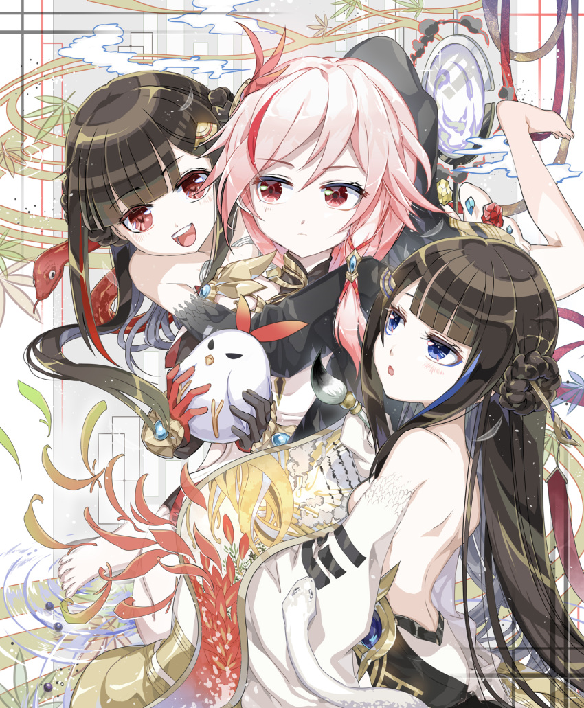 3girls :d :o animal asymmetrical_gloves backless_dress backless_outfit bangs bare_shoulders barefoot bird black_gloves blue_eyes brown_hair chicken china_dress chinese_clothes closed_mouth double_bun dress fu_hua fu_hua_(phoenix) fuxi gloves hair_between_eyes hair_ornament highres holding holding_animal honkai_(series) honkai_impact_3rd kanai23831347 long_hair looking_at_another looking_at_viewer mismatched_gloves multiple_girls nuwa open_mouth ponytail red_eyes red_gloves smile snake toes white_dress white_hair white_sleeves
