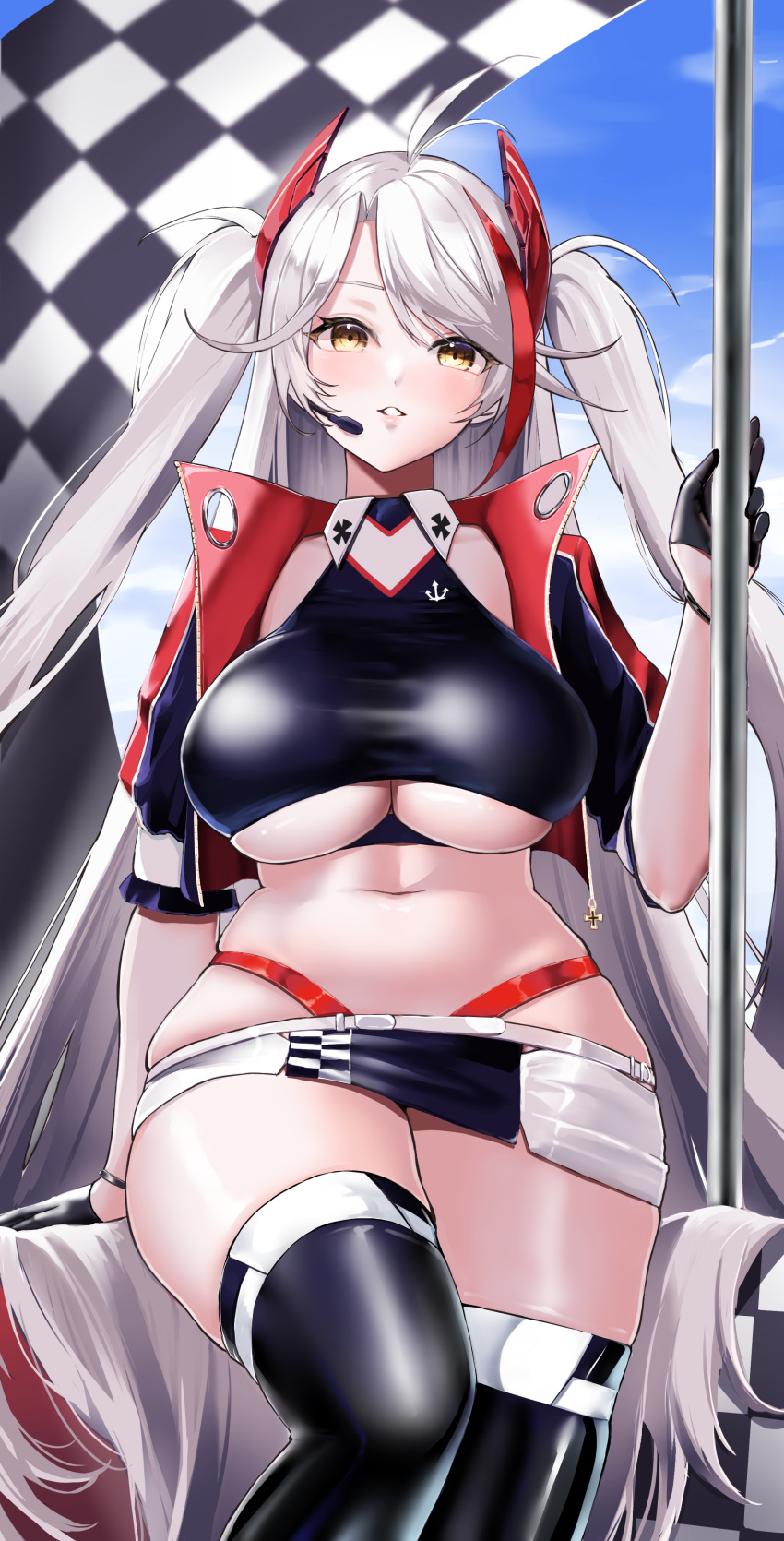 1girl absurdres ahoge azur_lane black_gloves blue_sky breasts checkered cropped_jacket flag gloves headset highres iron_blood_(emblem) large_breasts leaning_back long_hair looking_at_viewer marumai microphone midriff miniskirt multicolored_hair navel parted_lips prinz_eugen_(azur_lane) prinz_eugen_(final_lap)_(azur_lane) racequeen redhead skindentation skirt sky solo streaked_hair thigh-highs thong twintails under_boob very_long_hair white_hair yellow_eyes