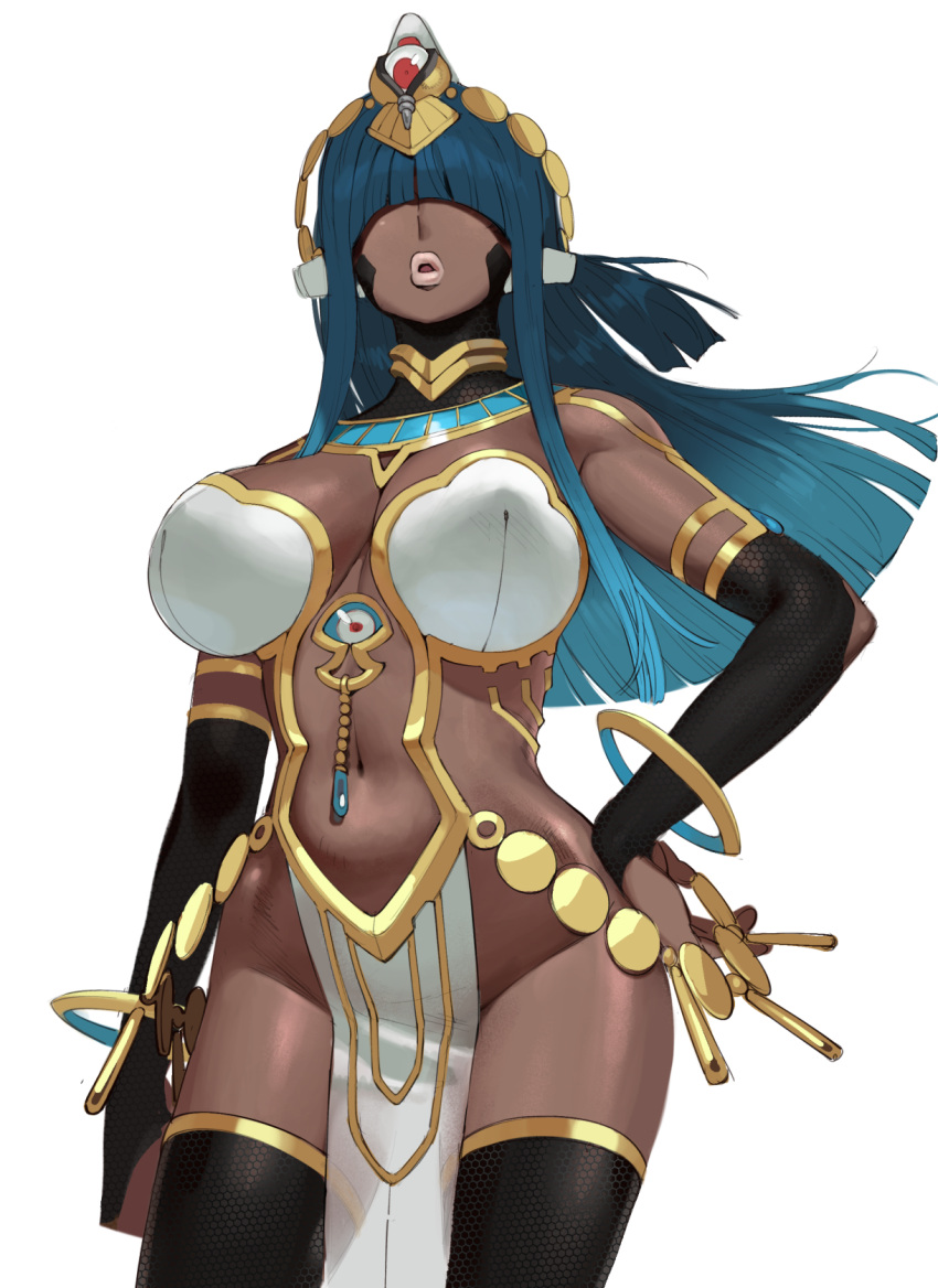 1girl arm_at_side black_gloves blue_hair bra breasts bridal_gauntlets commentary conto cowboy_shot dark-skinned_female dark_skin elbow_gloves facing_viewer gloves hair_over_eyes hand_on_hip highres jewelry large_breasts lips long_hair navel no_panties original pelvic_curtain revealing_clothes simple_background solo standing tiara underwear white_background white_bra