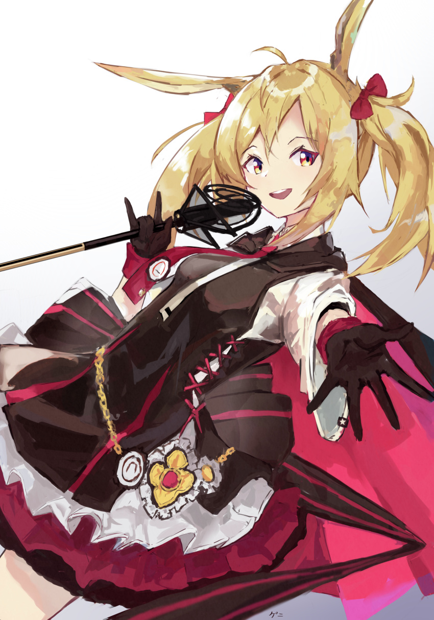 1girl :d absurdres ahoge animal_ears arknights black_gloves blonde_hair bow breasts chain cowboy_shot dress elite_ii_(arknights) genieko gloves gold_chain hair_bow highres holding holding_microphone layered_dress long_hair long_sleeves looking_at_viewer microphone multicolored_clothes multicolored_dress necktie open_mouth outstretched_arm rabbit_ears red_bow red_eyes red_necktie simple_background smile solo sora_(arknights) white_background