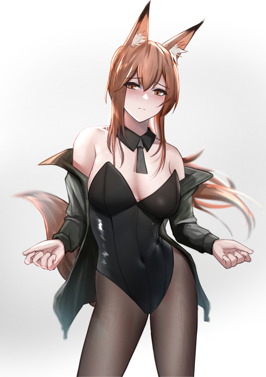 1girl animal_ear_fluff animal_ears arknights bangs bare_shoulders black_legwear black_leotard black_necktie blush breasts brown_eyes brown_hair closed_mouth commentary commentary_request contrapposto covered_navel cowboy_shot detached_collar english_commentary eyebrows_visible_through_hair fox_ears fox_tail franka_(arknights) green_jacket highres jacket krirk leotard long_hair long_sleeves looking_at_viewer medium_breasts necktie off_shoulder pantyhose simple_background solo standing strapless strapless_leotard tail white_background