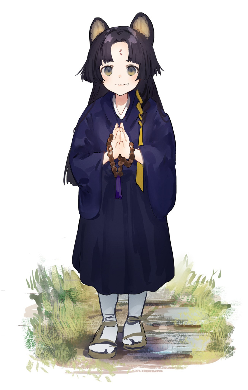 1girl animal_ears arknights bangs beads black_hair blue_kimono blush brown_eyes brown_footwear closed_mouth commentary_request dog_ears facial_mark food food_on_face forehead_mark full_body highres japanese_clothes kimono long_hair long_sleeves looking_at_viewer nanaponi palms_together parted_bangs prayer_beads rice rice_on_face saga_(arknights) sandals smile socks solo standing tabi very_long_hair white_background white_legwear wide_sleeves