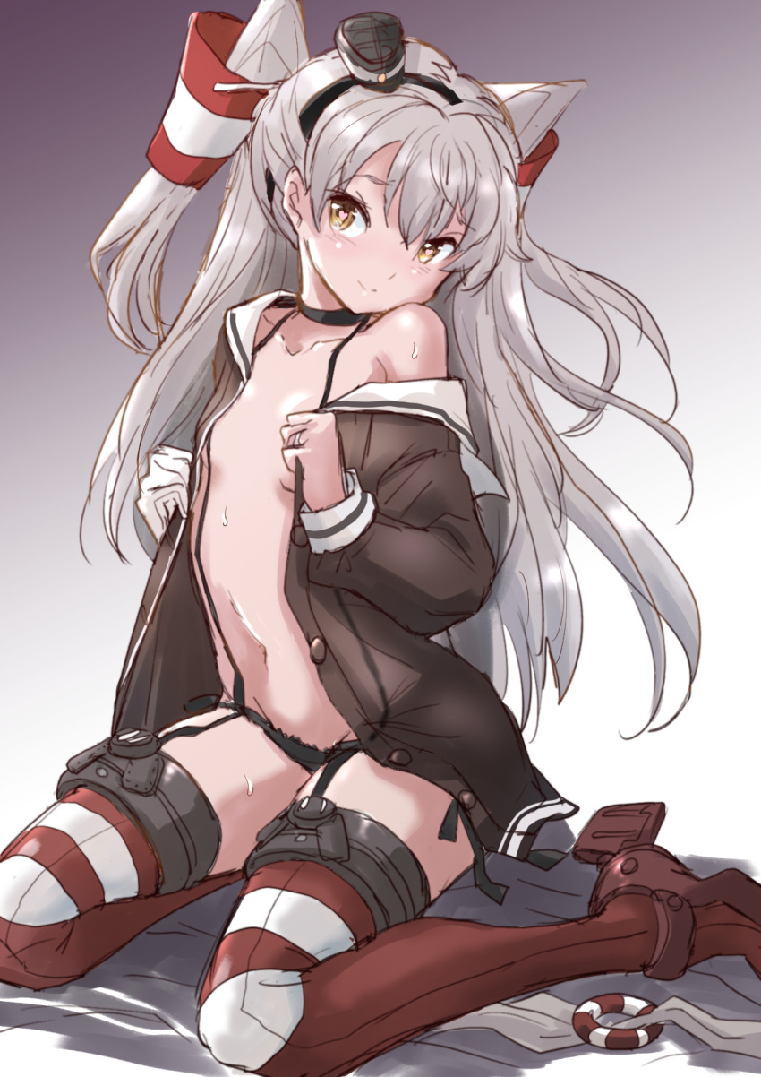 1girl amatsukaze_(kancolle) black_dress blush brown_eyes closed_mouth dress eyebrows_visible_through_hair fuji_(pixiv24804665) garter_straps gloves gradient gradient_background hair_between_eyes hair_tubes highres jewelry kantai_collection long_hair long_sleeves red_legwear ring rudder_footwear sailor_collar sailor_dress silver_hair single_glove solo thigh-highs two_side_up wedding_band white_gloves white_sailor_collar windsock