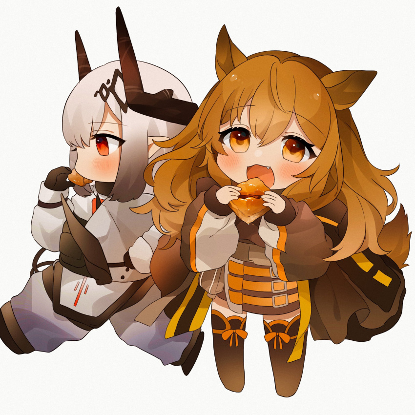 2girls :d animal_ears arknights bangs black_legwear blush brown_eyes brown_hair brown_jacket brown_skirt ceobe_(arknights) commentary dog_ears dog_girl dog_tail eating eyebrows_visible_through_hair fang food grey_background grey_hair hair_between_eyes highres holding holding_food horns jacket long_hair long_sleeves looking_at_viewer mudrock_(arknights) multiple_girls pointy_ears profile puffy_long_sleeves puffy_sleeves red_eyes simple_background skirt smile standing symbol-only_commentary tail takumi_mizuki thigh-highs very_long_hair white_background