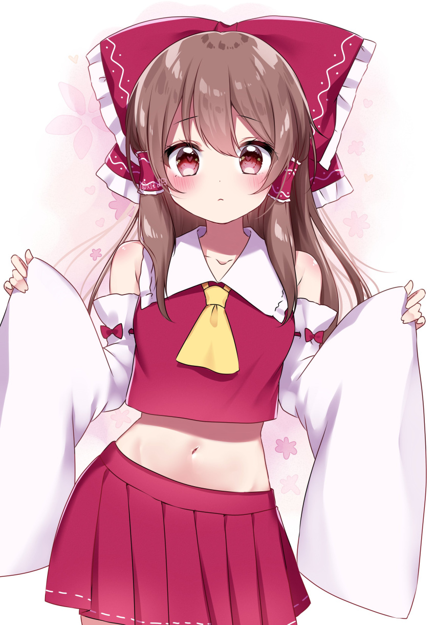 1girl absurdres ascot bangs bare_shoulders blush bow breasts brown_hair closed_mouth collar collared_shirt detached_sleeves eyebrows_visible_through_hair flower frills gradient gradient_background hair_between_eyes hair_ornament hair_tubes hakurei_reimu hands_up heart heart-shaped_pupils highres long_hair long_sleeves looking_at_viewer medium_breasts miniskirt navel pink_background pink_flower red_bow red_eyes red_heart red_shirt red_skirt shinonome_asu shirt skirt sleeveless sleeveless_shirt solo standing symbol-shaped_pupils touhou twitter_username white_background white_sleeves wide_sleeves yellow_ascot