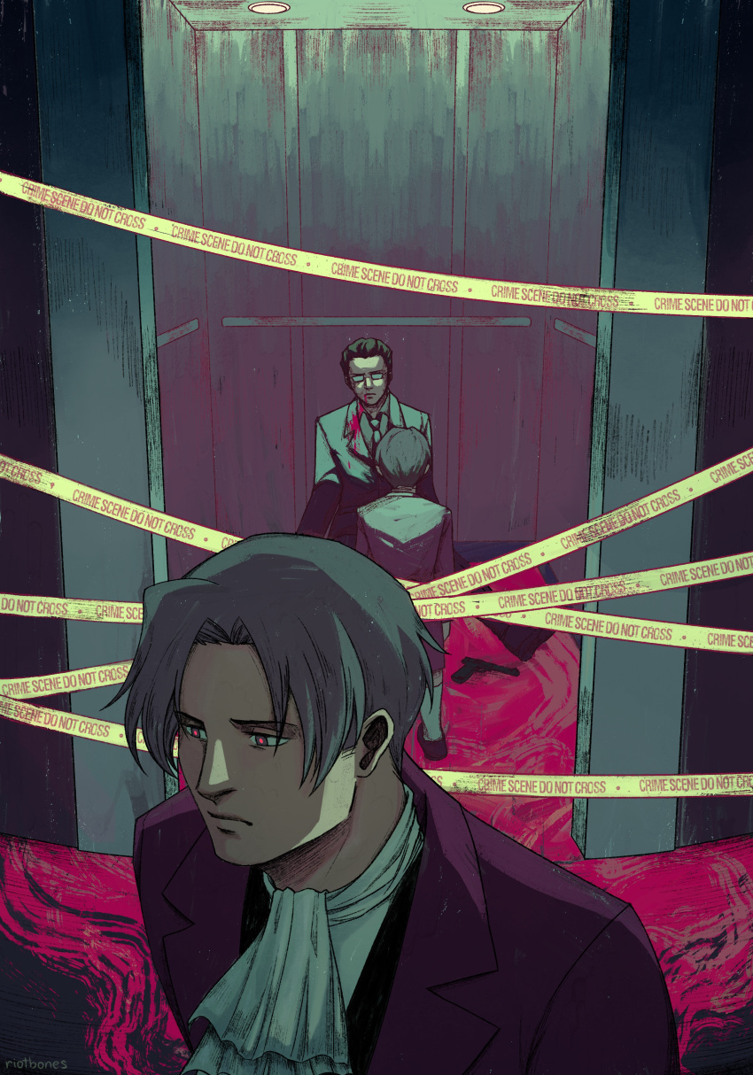 absurdres ace_attorney ascot bangs blood caution_tape corpse elevator glowing glowing_eyes gregory_edgeworth gun highres male_focus parted_bangs pink_blood red_eyes riotbones solo_focus time_paradox weapon