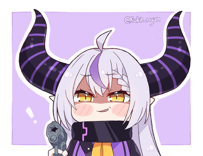 1girl ahoge aiming_at_viewer bangs black_coat blush blush_stickers braid chibi coat collar commentary demon_horns english_commentary eyebrows_visible_through_hair french_braid gun hair_between_eyes holding holding_gun holding_weapon hololive horns kukie-nyan la+_darknesss long_hair looking_at_viewer metal_collar multicolored_hair pointy_ears purple_background purple_hair shaded_face silver_hair simple_background single_braid slit_pupils solo streaked_hair striped_horns twitter_username two-tone_hair virtual_youtuber weapon yellow_eyes