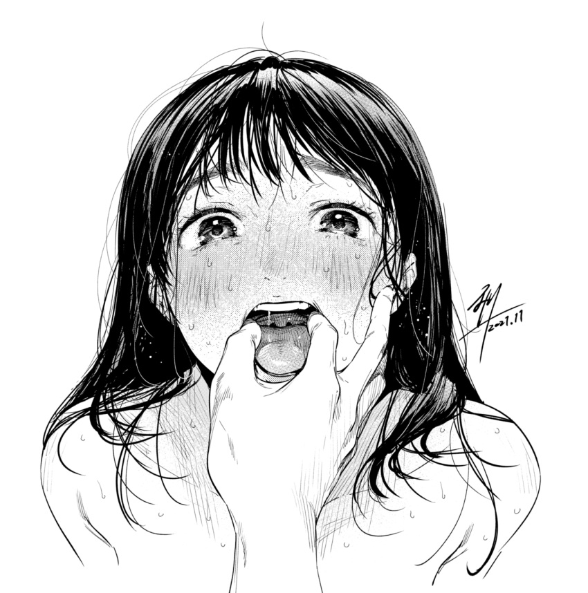 1girl bangs banned_artist blush commentary_request dated face finger_in_another's_mouth greyscale highres kamiyama_aya long_hair looking_at_viewer monochrome nose_blush open_mouth original pov pov_hands signature simple_background solo_focus sweat teeth upper_teeth white_background