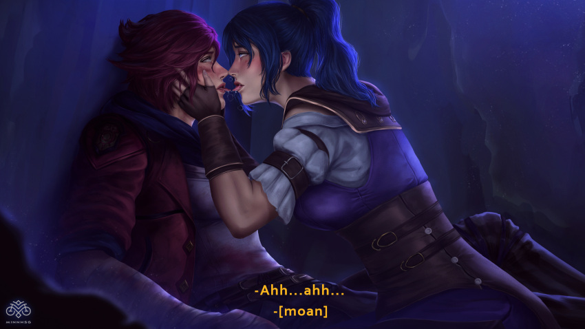 2girls ahegao arcane:_league_of_legends artist_name bangs black_gloves breasts caitlyn_(league_of_legends) corset fingerless_gloves gloves grey_shirt hands_on_another's_cheeks hands_on_another's_face hands_up highres hood hood_down jacket large_breasts league_of_legends long_hair minnhsg multiple_girls open_clothes open_jacket open_mouth pants ponytail profile purple_hair red_jacket redhead saliva shirt short_hair short_sleeves sitting subtitled tongue tongue_out vi_(league_of_legends) yuri