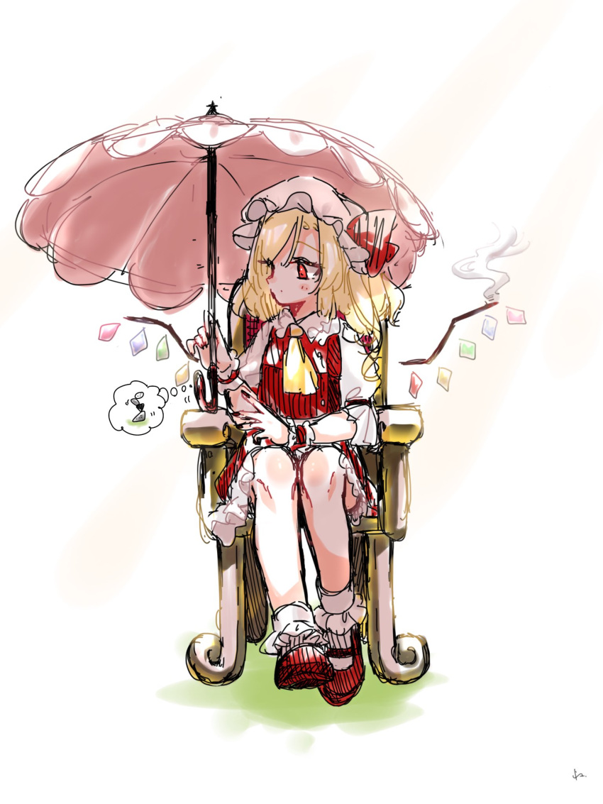 1girl ascot bangs black_nails blonde_hair blush chair closed_mouth collar collared_shirt crystal dress eyebrows_visible_through_hair eyes_visible_through_hair flandre_scarlet grass hands_up hat hat_ribbon highres jewelry komori_(komo_ricecake) looking_to_the_side mob_cap multicolored_wings one_side_up puffy_short_sleeves puffy_sleeves red_dress red_eyes red_footwear red_ribbon ribbon shirt shoes short_hair short_sleeves simple_background sitting socks solo touhou umbrella white_background white_headwear white_legwear white_shirt wings wrist_cuffs yellow_ascot