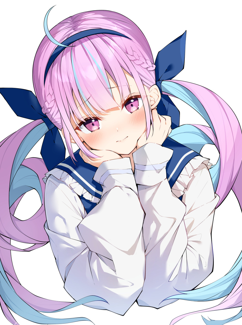 1girl absurdres ahoge bangs blue_hair blue_hairband blue_ribbon blue_sailor_collar blush closed_mouth colored_inner_hair commentary_request darjeeling_(reley) eyebrows_visible_through_hair frilled_sailor_collar frills hair_ribbon hairband hands_on_own_cheeks hands_on_own_face highres hololive jacket long_sleeves looking_at_viewer minato_aqua multicolored_hair pink_eyes pink_hair ribbon sailor_collar simple_background solo upper_body virtual_youtuber white_background white_jacket