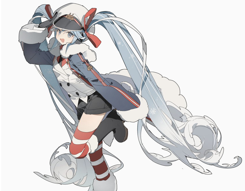 1girl absurdly_long_hair absurdres bike_shorts black_gloves black_necktie black_shorts blue_coat boots buttons coat commentary double-breasted from_side fur-trimmed_boots fur-trimmed_coat fur_trim gloves hair_ribbon hand_on_headwear hand_up hat hatsune_miku highres jacket light_blue_eyes light_blue_hair long_hair looking_at_viewer military military_uniform multicolored_hair naval_uniform necktie open_mouth peaked_cap red_legwear red_ribbon red_shirt ribbon sailor shirt shorts smile snowflake_print solo standing standing_on_one_leg striped striped_legwear symbol-only_commentary thigh-highs two-tone_hair two-tone_legwear uniform very_long_hair vocaloid white_background white_hair white_headwear white_jacket white_legwear yuki_miku yuki_miku_(2022) zhibuji_loom