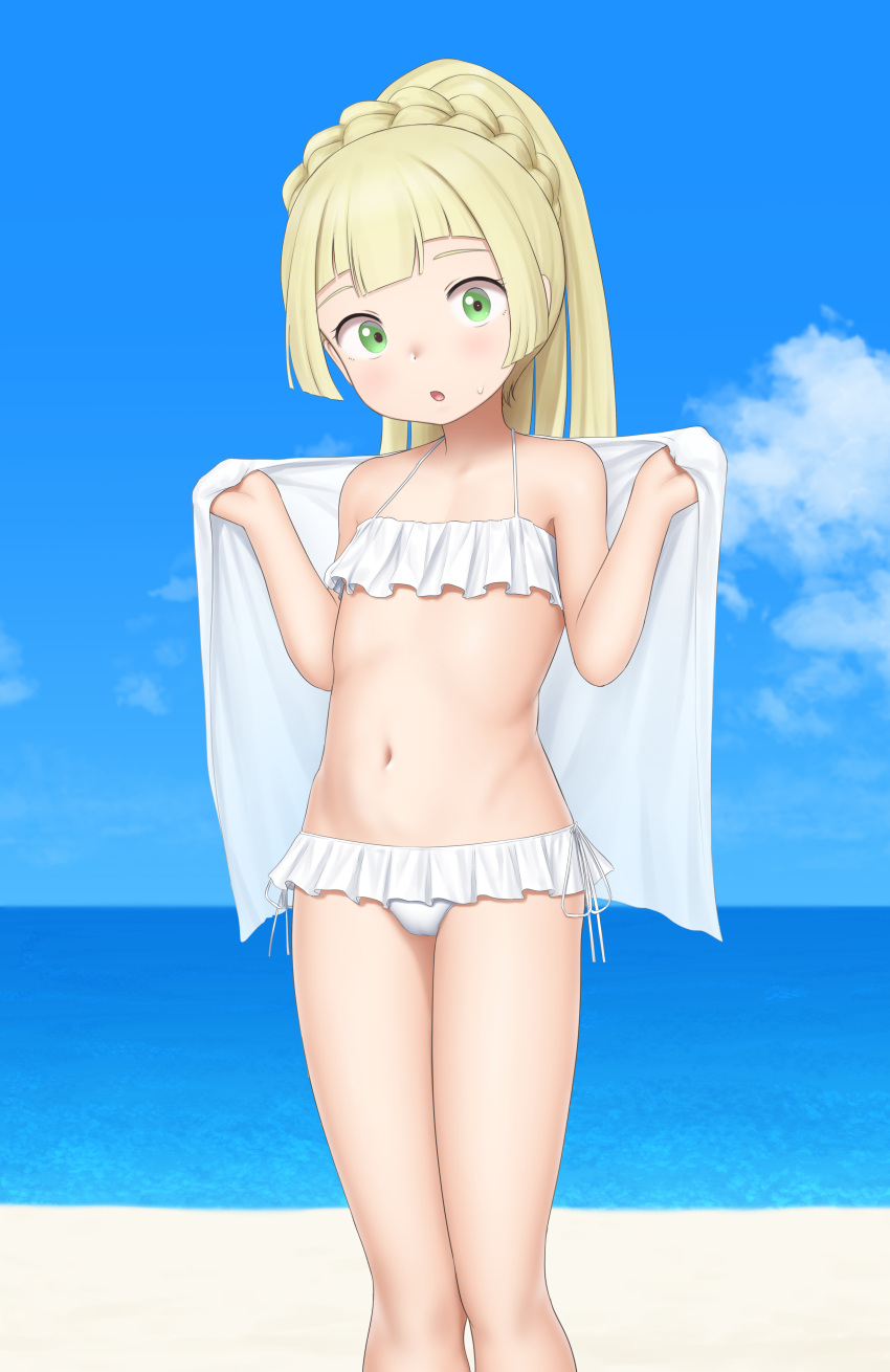 1girl :o absurdres bangs blonde_hair blush braid clouds commentary_request day flat_chest green_eyes hands_up highres holding holding_towel lillie_(pokemon) long_hair navel outdoors pokemon pokemon_(game) pokemon_sm sc_naru shore side-tie_swimsuit sky solo standing sweatdrop swimsuit towel water white_swimsuit
