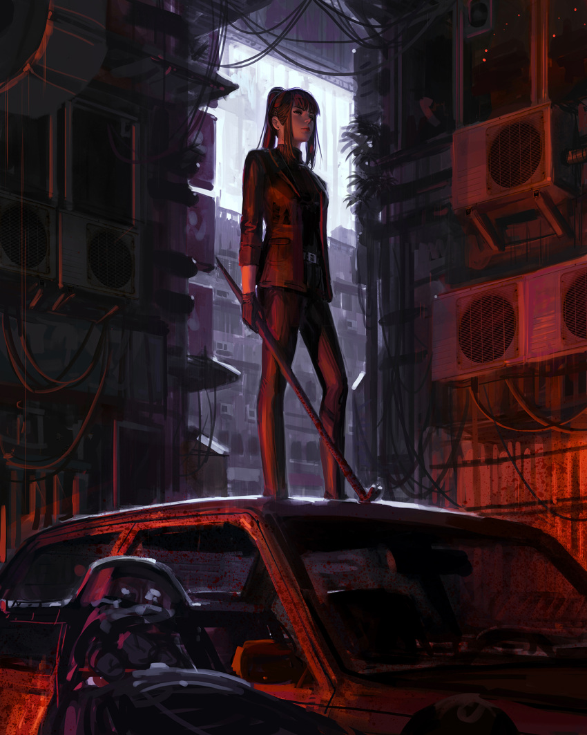 1girl air_conditioner bangs black_gloves black_jacket black_pants blood blood_splatter car closed_mouth crowbar day earrings gloves ground_vehicle guweiz hairband highres holding jacket jewelry long_hair long_sleeves motor_vehicle on_vehicle open_clothes open_jacket original pants ponytail red_hairband sidelocks solo standing stud_earrings