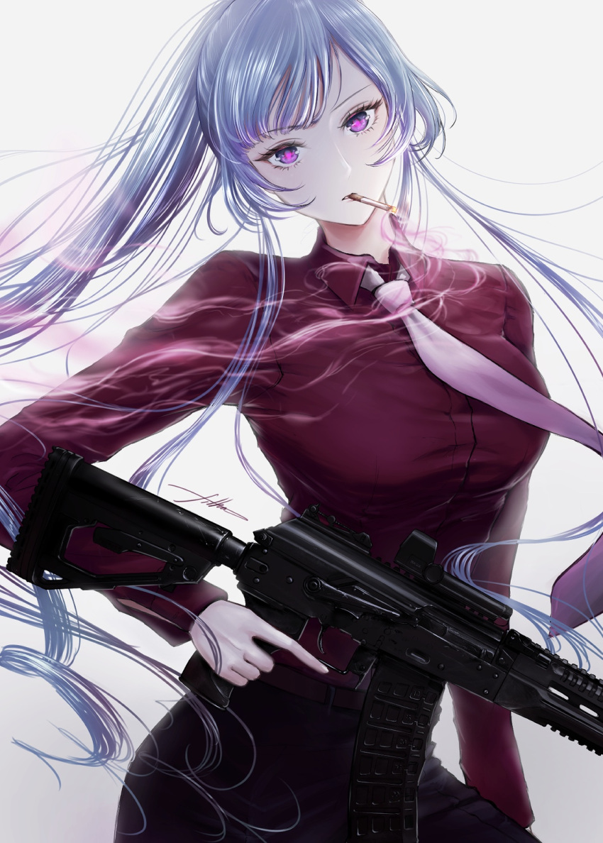1girl ak-12 ak-12_(girls'_frontline) alternate_costume assault_rifle bangs black_pants breasts cigarette eyebrows_visible_through_hair feet_out_of_frame filha girls_frontline gun highres holding holding_gun holding_weapon kalashnikov_rifle long_hair long_sleeves looking_at_viewer medium_breasts mouth_hold necktie pants pink_necktie ponytail red_shirt revision rifle shirt silver_hair simple_background smoking solo standing violet_eyes weapon