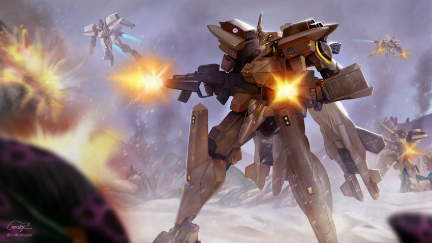 alien andi_cw battle beta_(muvluv) commission english_commentary explosion firing gun holding holding_gun holding_weapon mecha mountain muvluv muvluv_alternative no_humans original science_fiction smoke solo_focus tactical_surface_fighter visor weapon