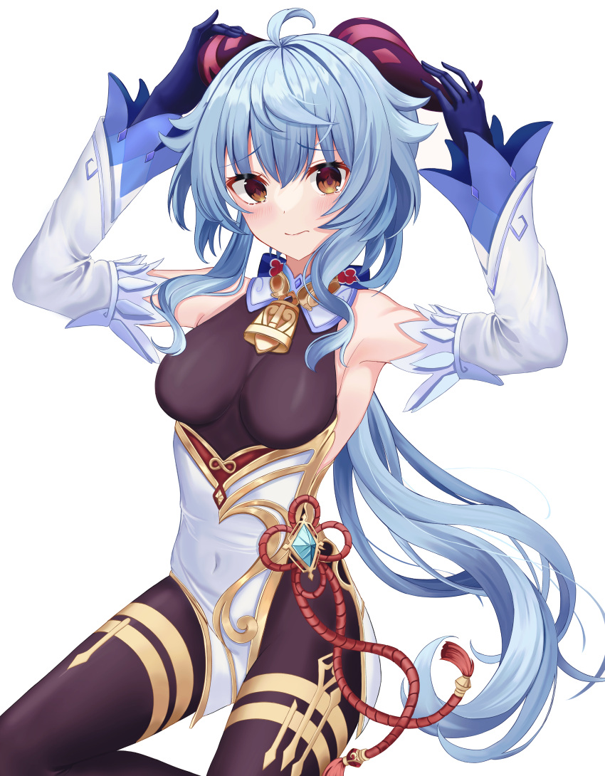 1girl absurdres ahoge armpits arms_up bangs bare_shoulders bell black_gloves black_legwear blue_hair blush bow bowtie breasts chinese_knot covered_navel detached_sleeves eyebrows_visible_through_hair flower_knot ganyu_(genshin_impact) genshin_impact gloves gold_trim highres horn_grab horns long_hair looking_at_viewer medium_breasts neck_bell pantyhose red_eyes sidelocks sitting solo tassel thighlet thighs very_long_hair vision_(genshin_impact) white_background white_sleeves whoing_x2
