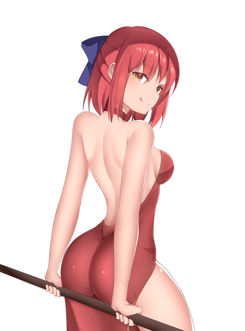 1girl absurdres against_railing arched_back arm_support ass back backless_dress backless_outfit bangs bare_arms bare_back bare_shoulders blue_bow blush bow breasts choker cowboy_shot dress eyebrows_visible_through_hair female_ass from_behind hair_bow highres kohaku_(tsukihime) licking_lips looking_at_viewer looking_back medium_breasts naughty_face orange_eyes railing red_dress redhead short_hair shoulder_blades sideboob sidelocks simple_background sleeveless sleeveless_dress smile solo tongue tongue_out tsukihime type-moon zero0ex