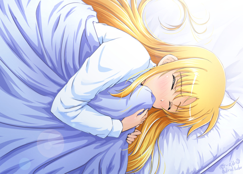 1girl artist_name bangs blonde_hair blush closed_eyes commentary day diesel-turbo eyebrows_visible_through_hair fate_testarossa from_above hair_down lens_flare long_hair lying lyrical_nanoha mahou_shoujo_lyrical_nanoha on_bed on_side signature sleeping solo twitter_username under_covers