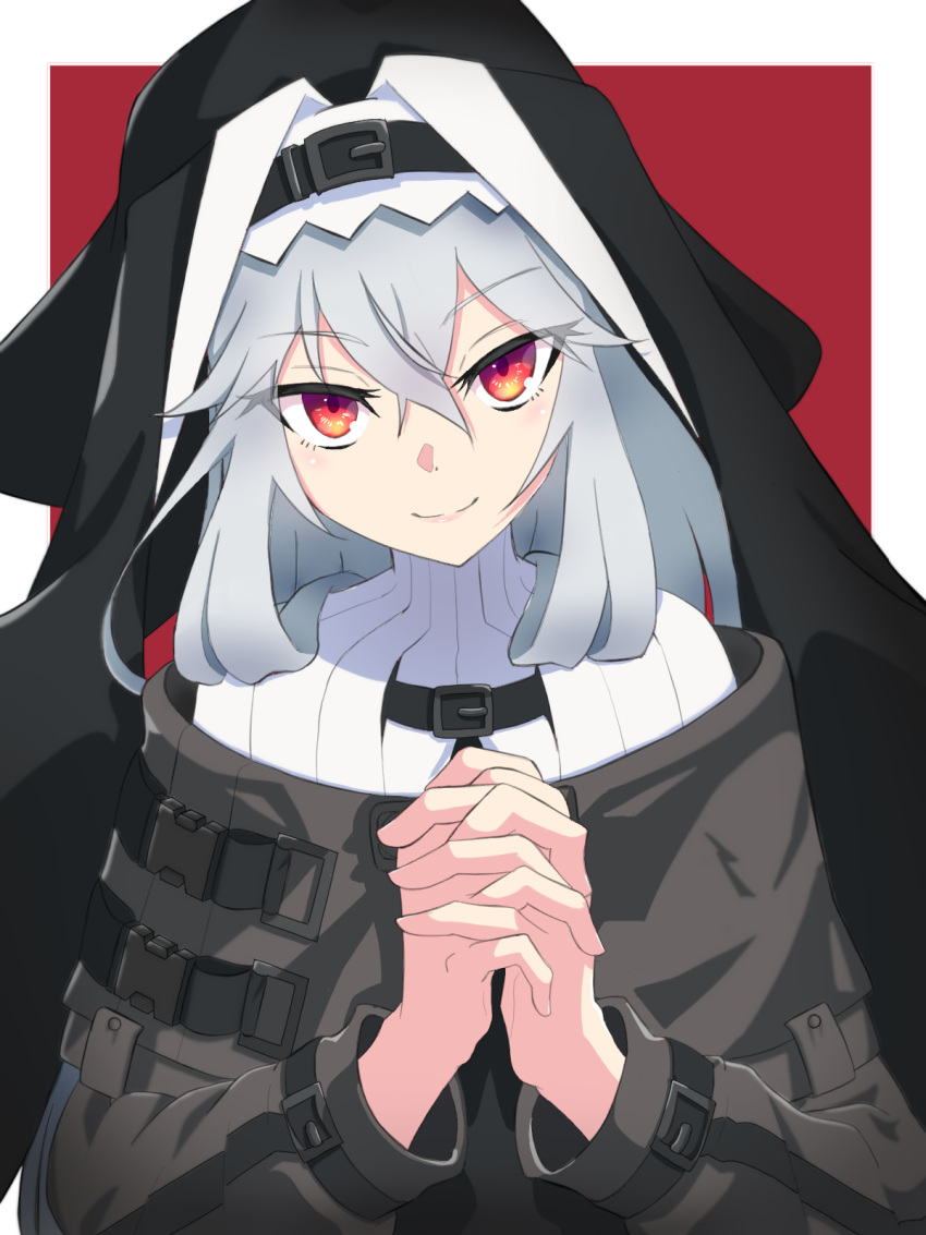 1girl arknights bangs black_dress capelet closed_mouth dress eyebrows_visible_through_hair fubou_(0503oekaki24) habit hair_between_eyes highres long_sleeves nun own_hands_clasped own_hands_together red_eyes silver_hair smile solo specter_(arknights) turtleneck